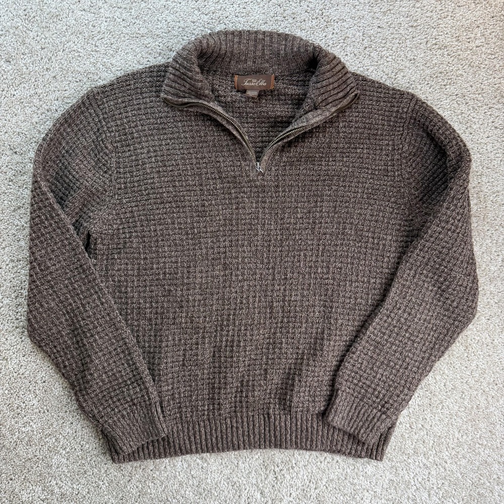 Tasso Elba Sweater Mens Medium Brown Cotton Knit 1/4 Zip Mock Neck Pullover